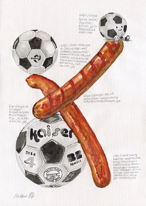 Натюрморт с тремя футбольными мячами и двумя сосисками